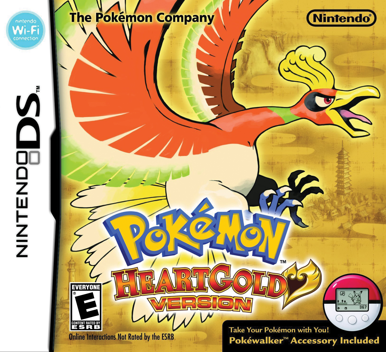 The cover of the game Pokémon Heart Gold, showing Ho-oh - a large red phoenix-like Pokémon - on a gold background.
